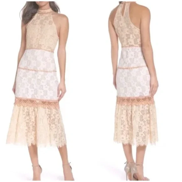 Foxiedox Lace Halter Midi Dress Tan White M Anthropologie NWT - Picture 1 of 11